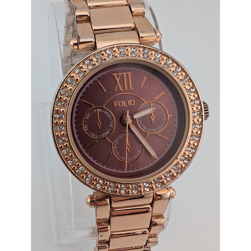 Folio Watch Women 34mm Case Crystal Bezel Rose Gold 6.5" Band- New‎ Battery